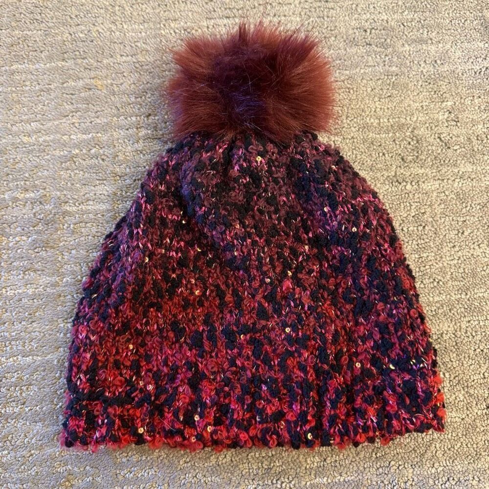 Express Women's Maroon Red Black Sparkle Knit Pom Faux Fur Beanie